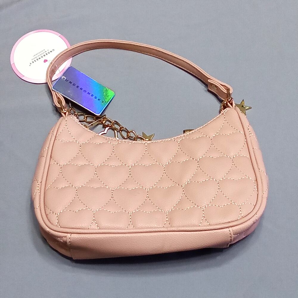 Under One Sky Y2K Style Pink Heart Quilted Purse with Gold Charms